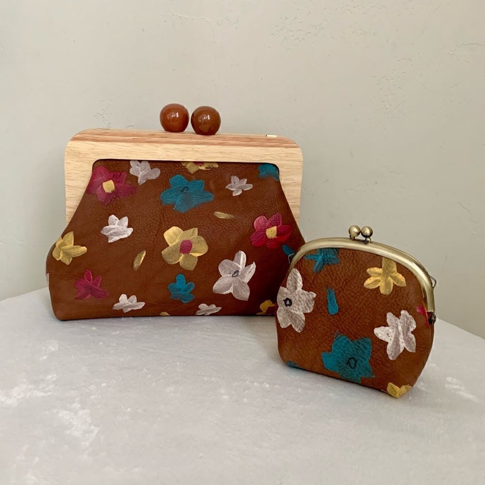 Genuine Leather Hand Painted Floral, Wooden Frame Bag/Crossbody & Small Purse
